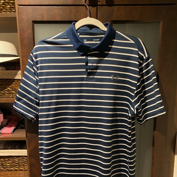Under armor golf polo, navy blue white striped medium - Picture 1 of 3